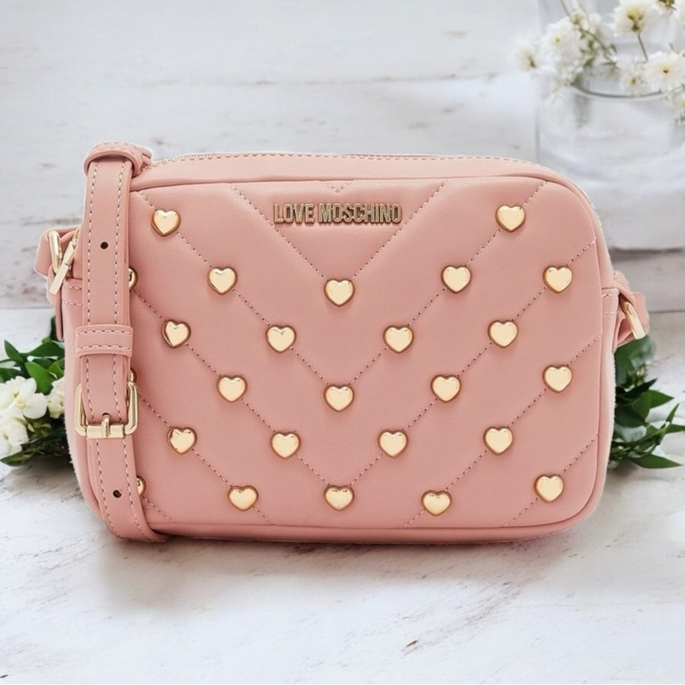 Love Moschino Pink Crossbody Bag with Gold Heart Accents. NWT